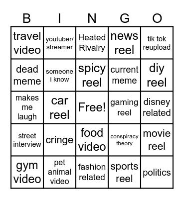 Instagram reel bingo Card