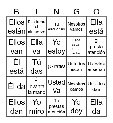 AR Verbs, Estar, Dar, Ir Bingo Card