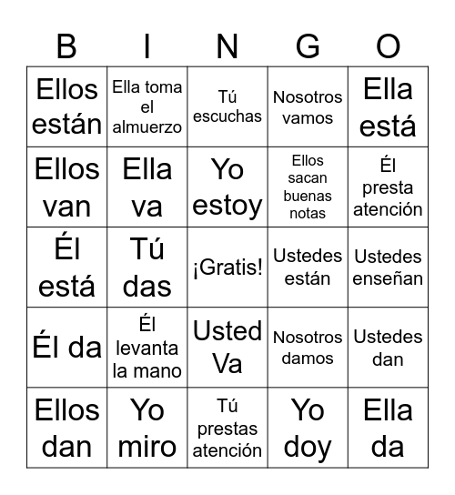 AR Verbs, Estar, Dar, Ir Bingo Card