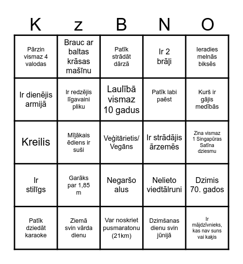 Kāzu Bingo Card