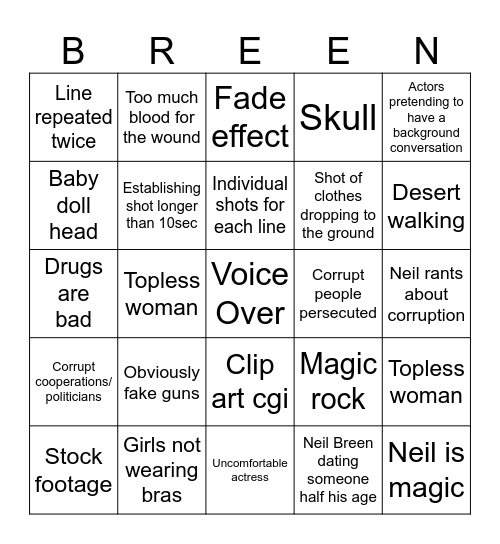 Neil Breen Bingo Card