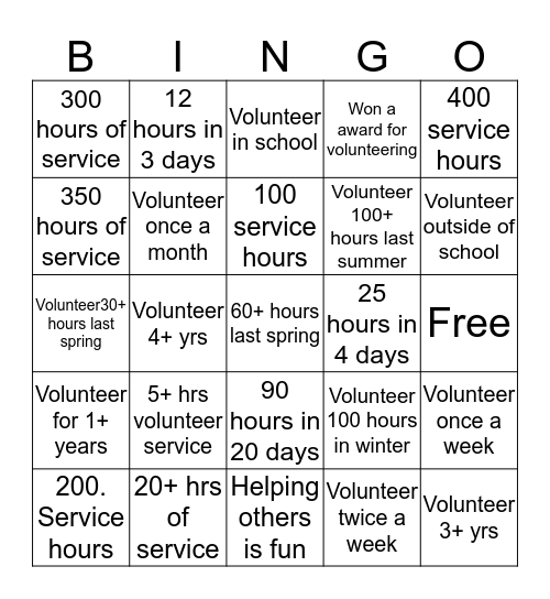 Volunteer bingo Card