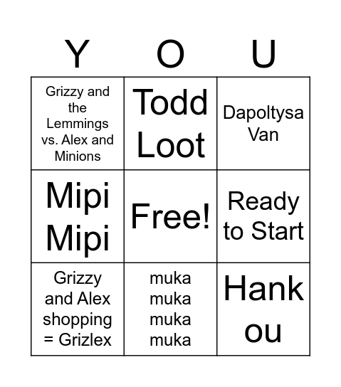 GRIZZY AND THE LEMMINGS X ALEX AND THE MINIONS Bingo Card
