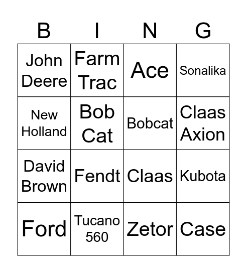 Tractor Bingo Card