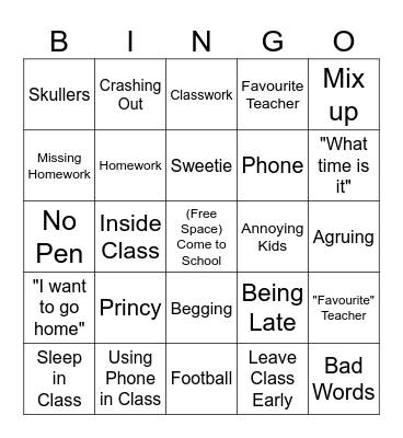 School Bingo Card