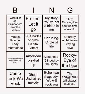 SONGS FROM MOVIES MUSIC BINGO Card