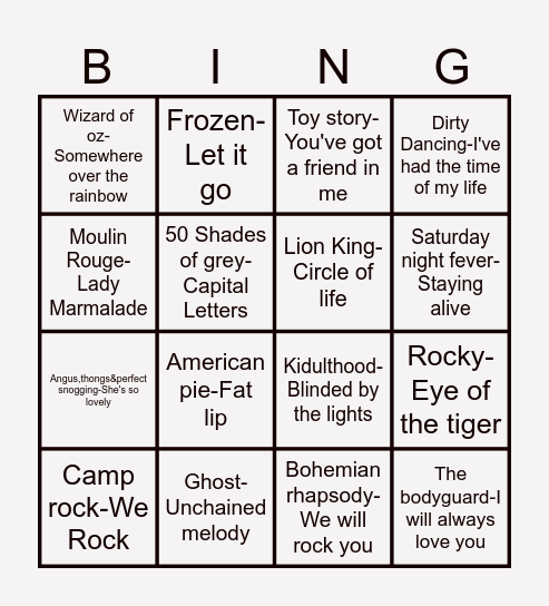 SONGS FROM MOVIES MUSIC BINGO Card
