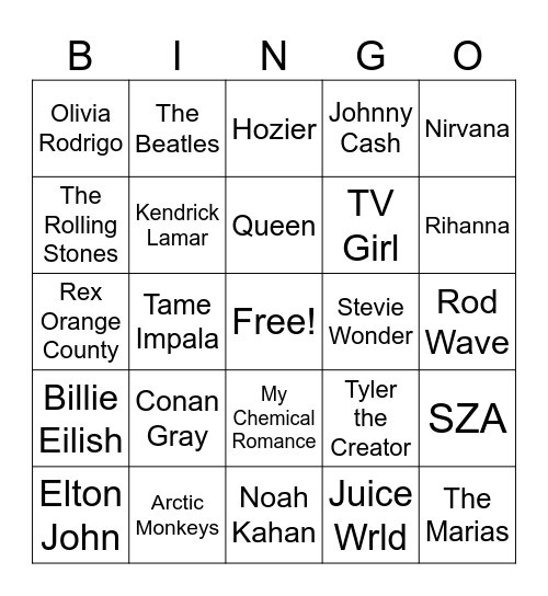 Teens Bingo Guess the Artist Bingo Card
