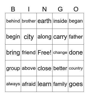 SIGHT WORDS Bingo Card