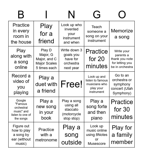 Summer Orchestra Bingo Card