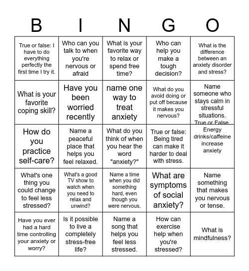 Anxiety Bingo!!!! Bingo Card