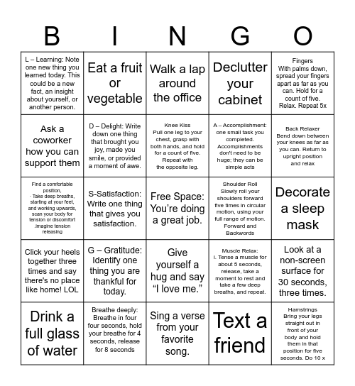 Self Care Bingo Card