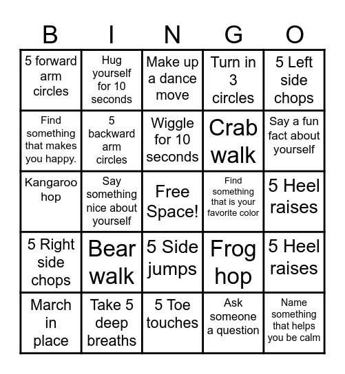 Movement Bingo Card