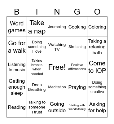 Coping Skills Bingo Card