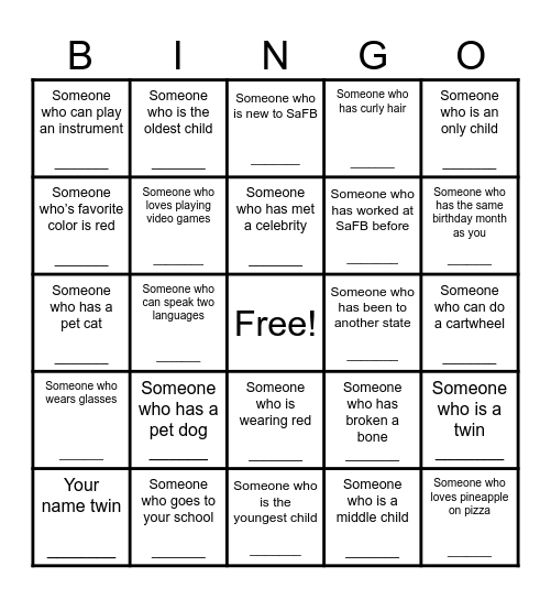 HUMAN BINGO SaFB EDITION Bingo Card