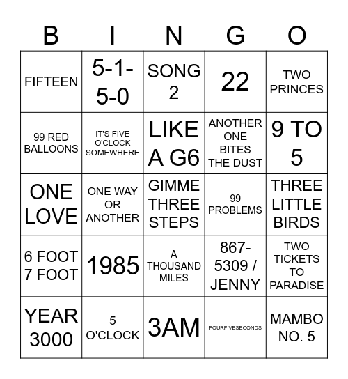 SONGS WITH NUMBERS IN THE TITLE Bingo Card