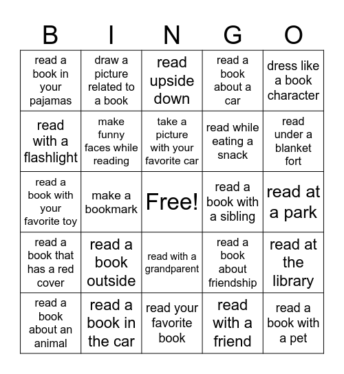 Race to Reading Bingo Card