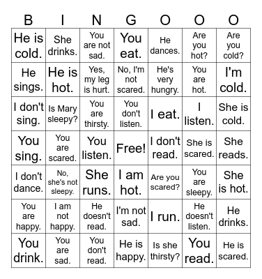 MS Feelings and Verbs Spanish Bingo, WB pg. 9A Bingo Card