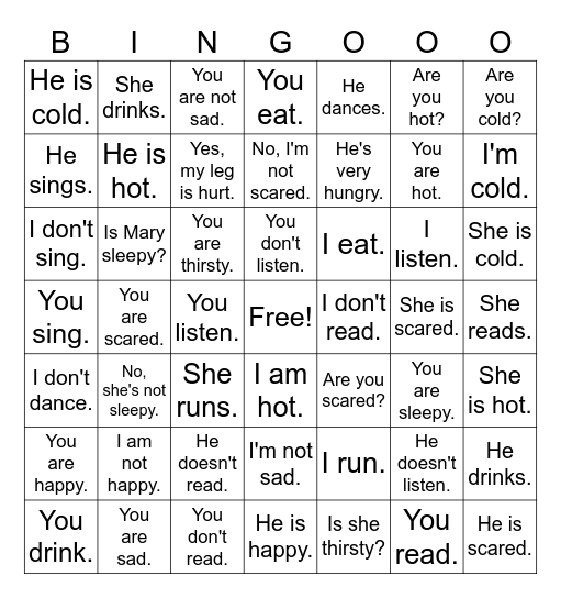 MS Feelings and Verbs Spanish Bingo, WB pg. 9A Bingo Card
