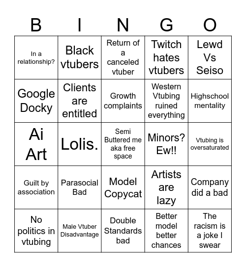 Vtuber Drama Bingo Card
