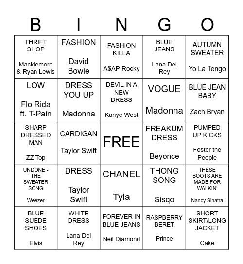 Passion for Fashion Bingo Card