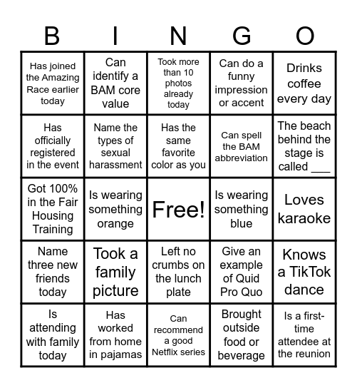 BAMILY REUNION 2026 Bingo Card