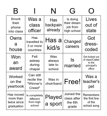 Class of 2016 Bingo Card