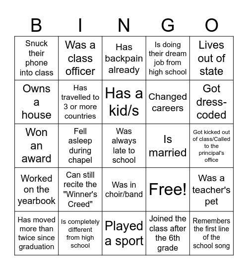 Class of 2016 Bingo Card