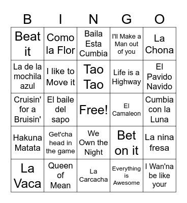 Musical Bingo Card