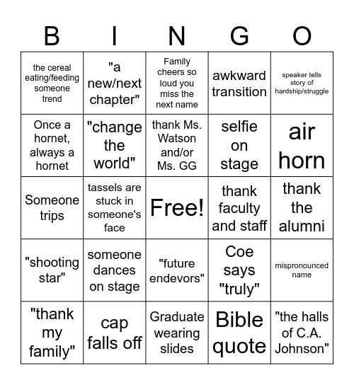 Hornet Grad Bingo Card