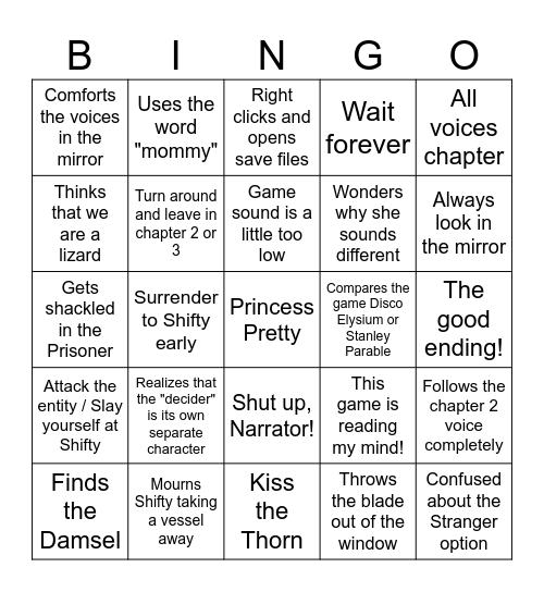 Slay The Princess Bingo Card