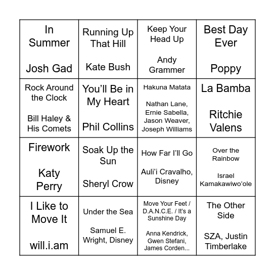 Summer Playlist Bingo Card