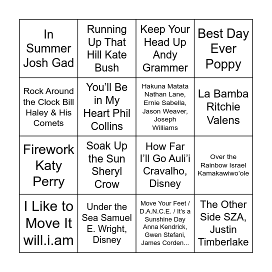 Summer Playlist Bingo Card