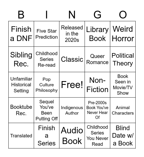PJ's 2026 Reading Challenge Bingo Card
