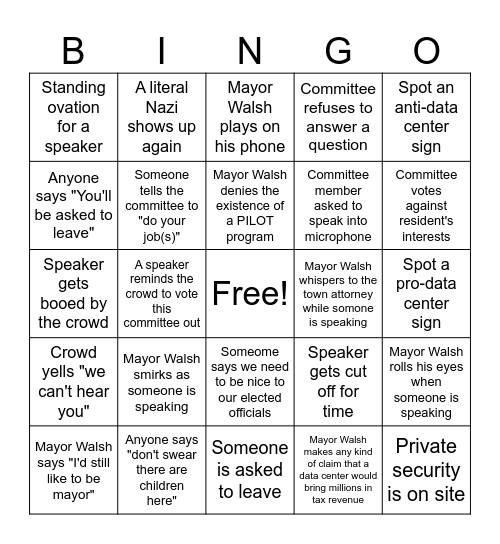 Andover Township Committee Bingo Card