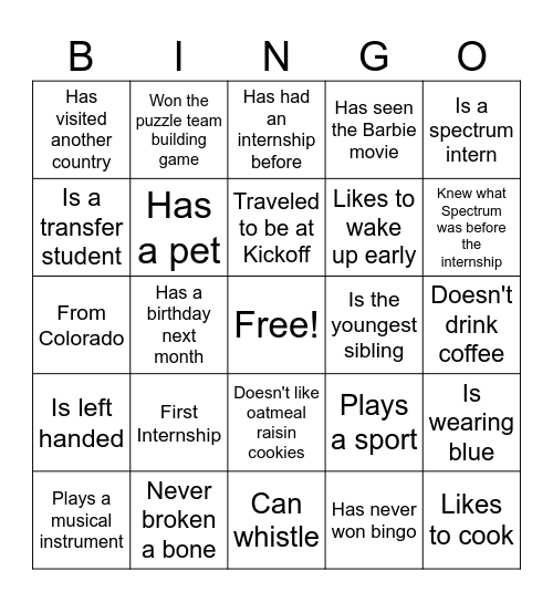 Intern Bingo Card