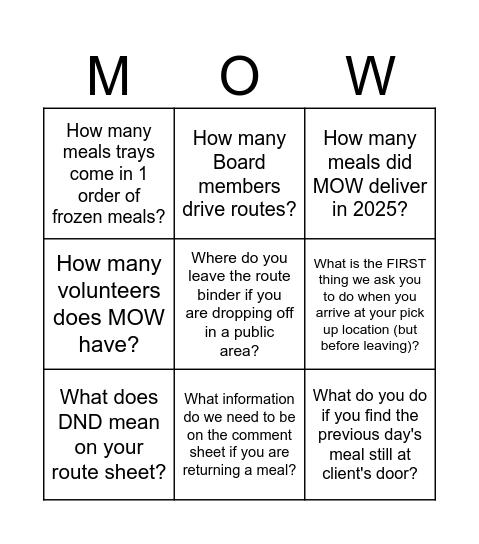 MEALS ON WHEELS AGM Bingo Card