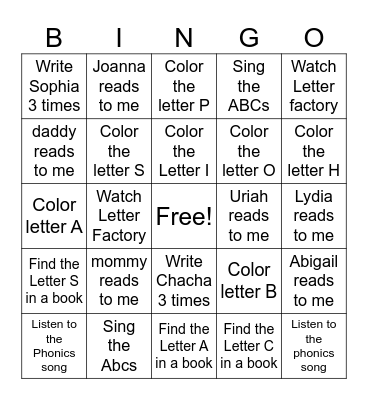 Pre-K Summer Reading Bingo Card