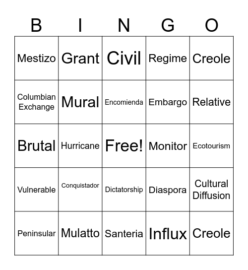 Social Studies Bingo Card