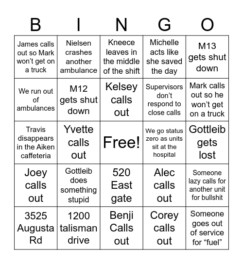 Shift Bingo Card