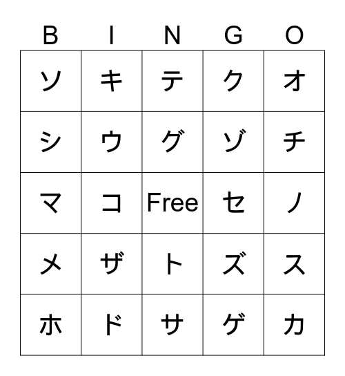 カタカナのビンゴ (a~ma) Bingo Card
