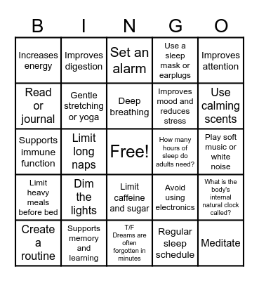 Sleep Hygiene Bingo Card