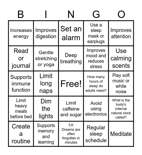 Sleep Hygiene Bingo Card