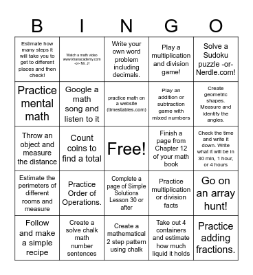 Summer Math Bingo Card