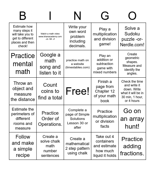 Summer Math Bingo Card