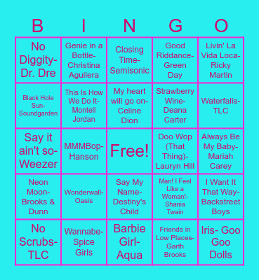 90's Music Bingo Card