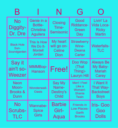 90's Music Bingo Card