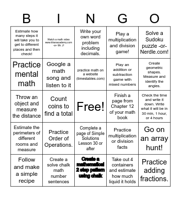 Summer Math Bingo Card
