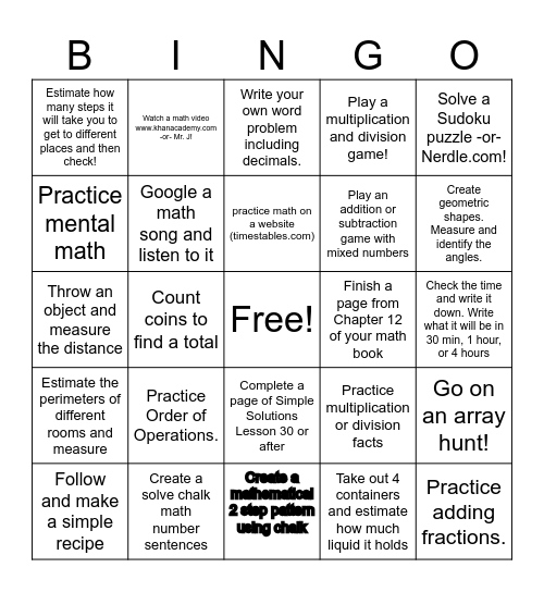Summer Math Bingo Card