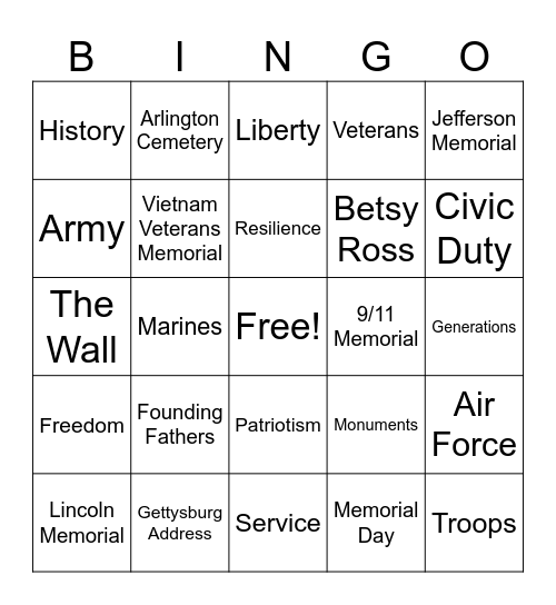 Memorial Day Bingo Card